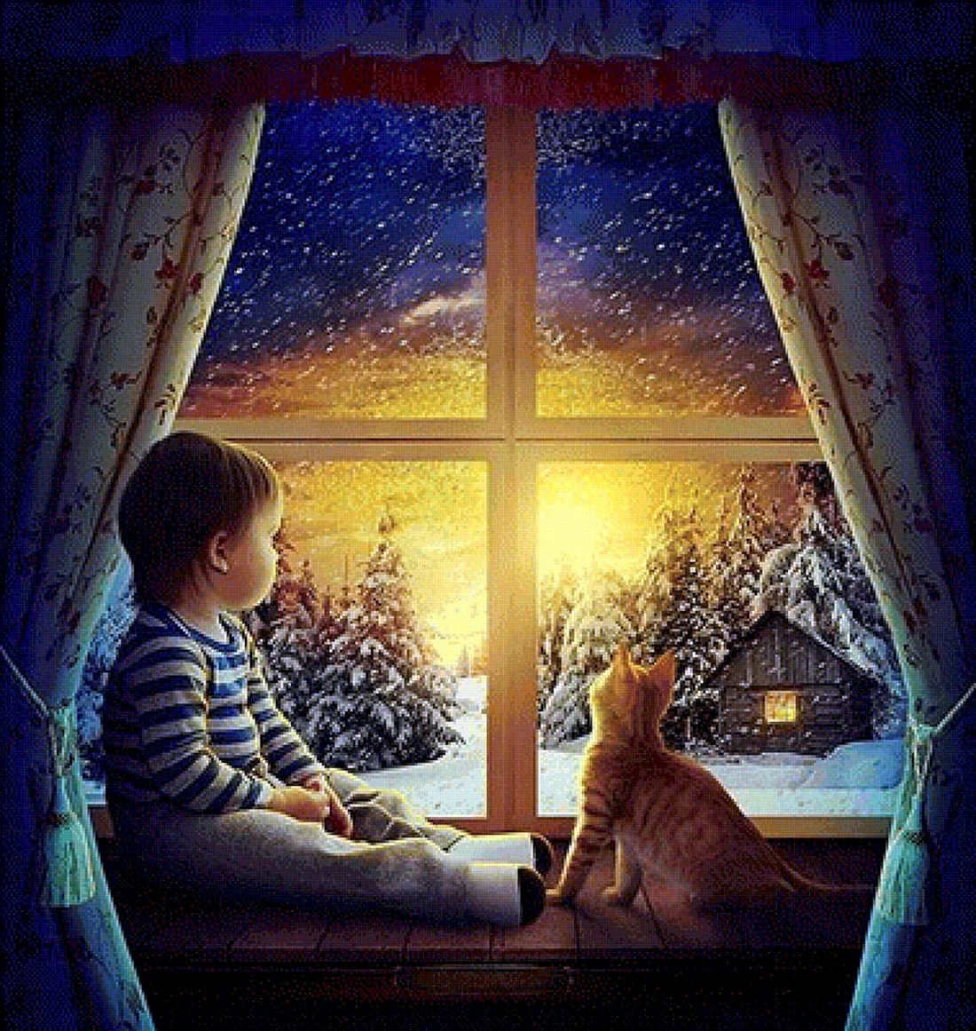Зимняя ночь и кот на окне